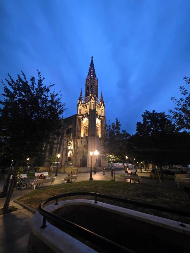 Illuminated church in San Sebastián Old Town at night